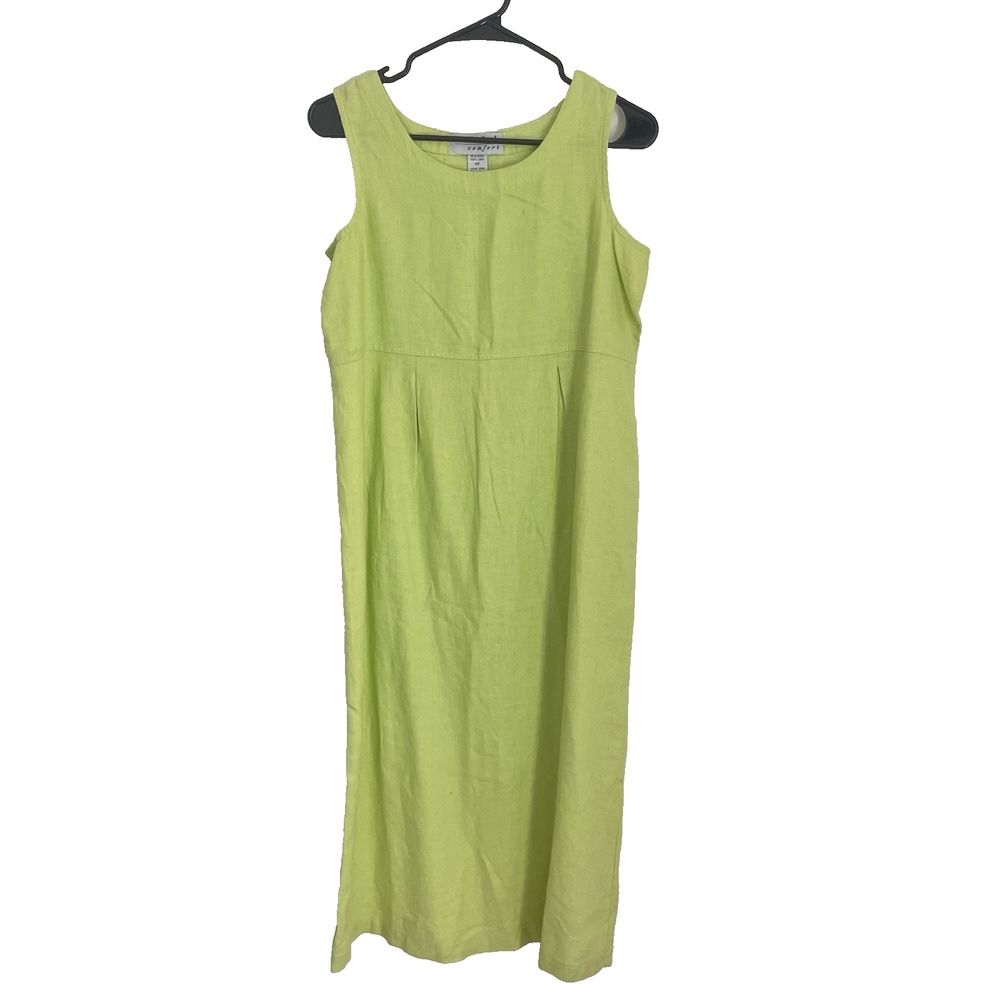Vintage Lime Green‎ Linen Dress 6P 90s Y2K Lagenlook Sleeveless Long Cottagecore